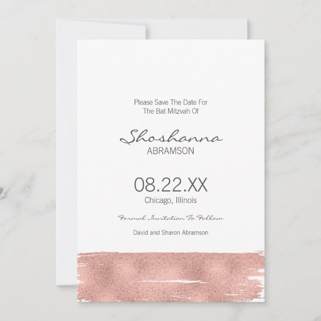 Rose Gold Brushstroke Bat Mitzvah Save the Date (Vorderseite)