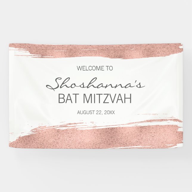 Rose Gold Brushstroke Bat Mitzvah Willkommen Banner (Horizontal)