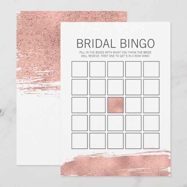 Rose Gold Brushstroke Brautparty Bingo Game Einladung (Vorne/Hinten)