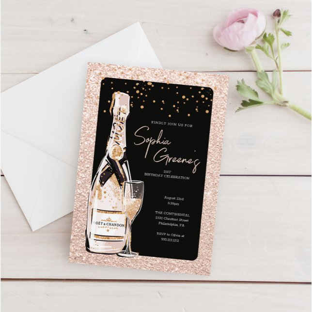 Rose Gold Bubbly Champagne Geburtstagsparty Einladung (Von Creator hochgeladen)