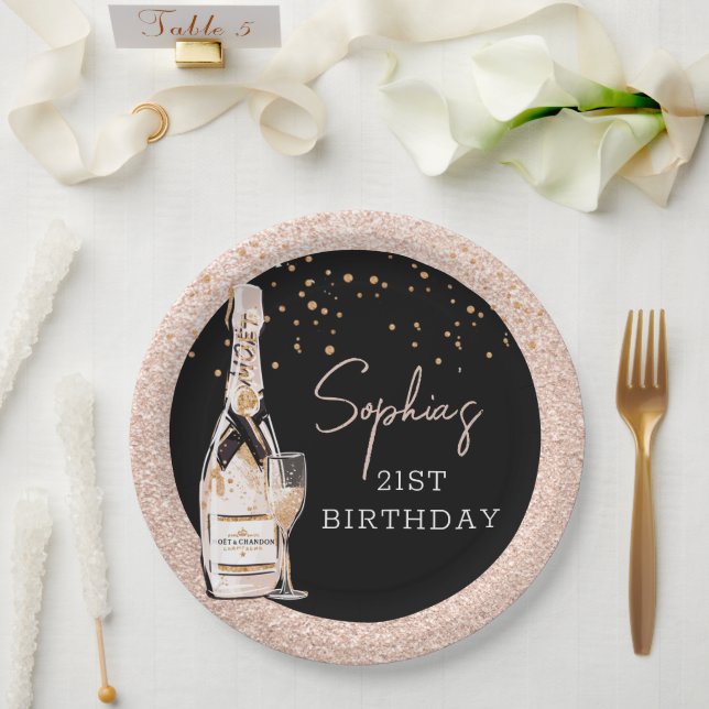 Rose Gold Bubbly Champagne Geburtstagsparty Pappteller (Hochzeit)