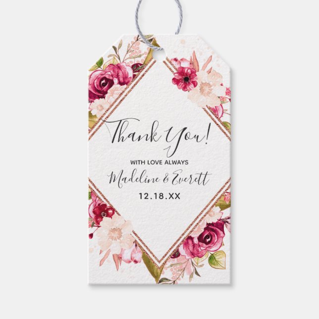 Rose Gold Burgund & Blush Pink Floral Vielen Dank Geschenkanhänger (Vorderseite)