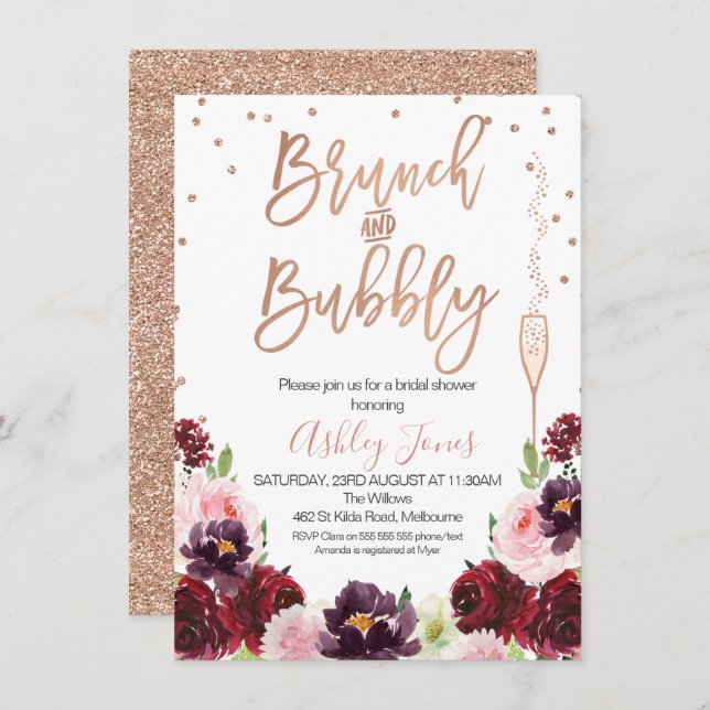 Rose Gold Burgund Floral Brunch Brautparty Einladung (Vorne/Hinten)