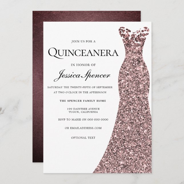 Rose Gold Burgundy Dress Quinceanera laden Einladung (Vorne/Hinten)