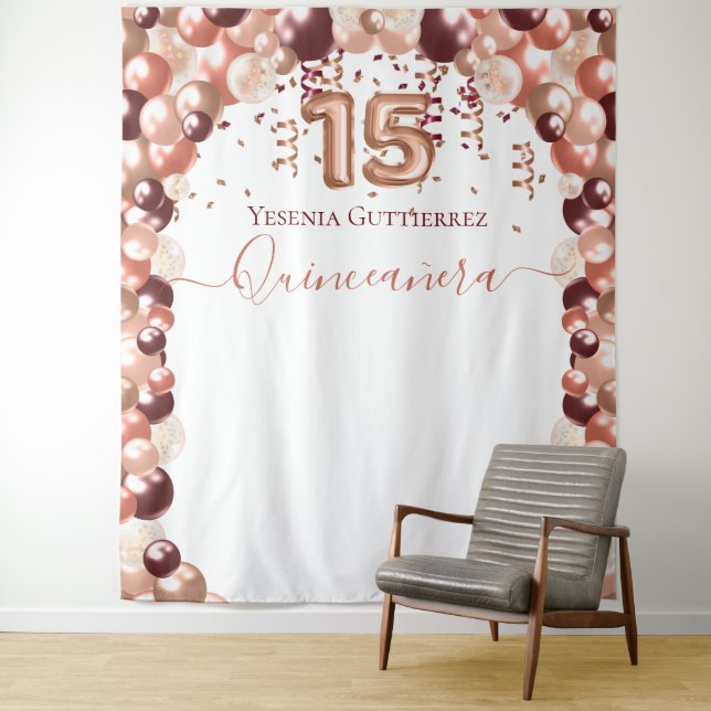 Rose Gold Burgundy Glam Quinceanera Balloon Wandteppich (Beispiel)