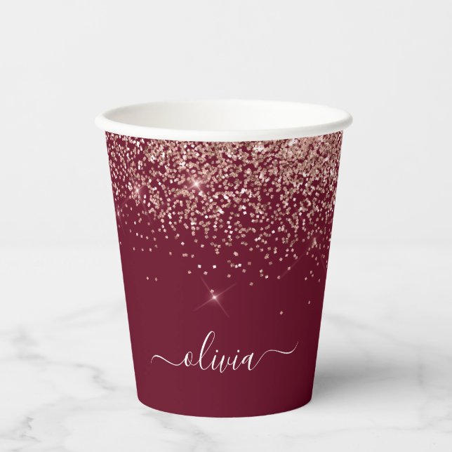 Rose Gold Burgundy Glitzer Sparkle Monogram Pappbecher (Vorderseite)