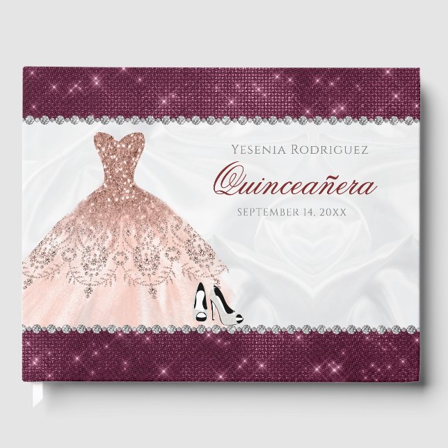 Rose Gold Burgundy Sparkle Glam Quinceañera Gästebuch (Vorderseite)