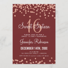 Rose Gold Burgundy Sweet 16 Glitzer Confetti Einladung