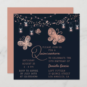 Rose Gold Butterfly Chic Moderne Quinceñera Einladung