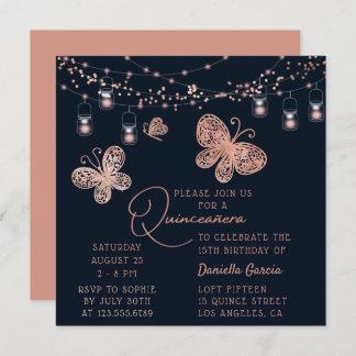 Rose Gold Butterfly Chic Moderne Quinceñera Einladung