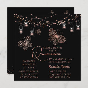 Rose Gold Butterfly Chic Moderne Quinceñera Einladung