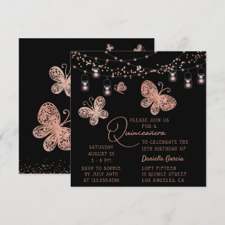 Rose Gold Butterfly Chic Moderne Quinceñera Einladung