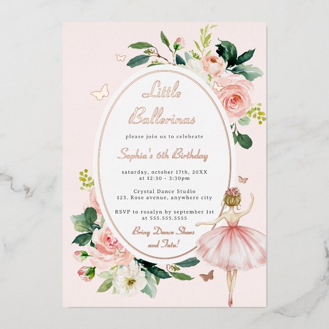 Rose Gold Butterfly Floral Ballerina Kindergeburts Folieneinladung (Vorderseite)