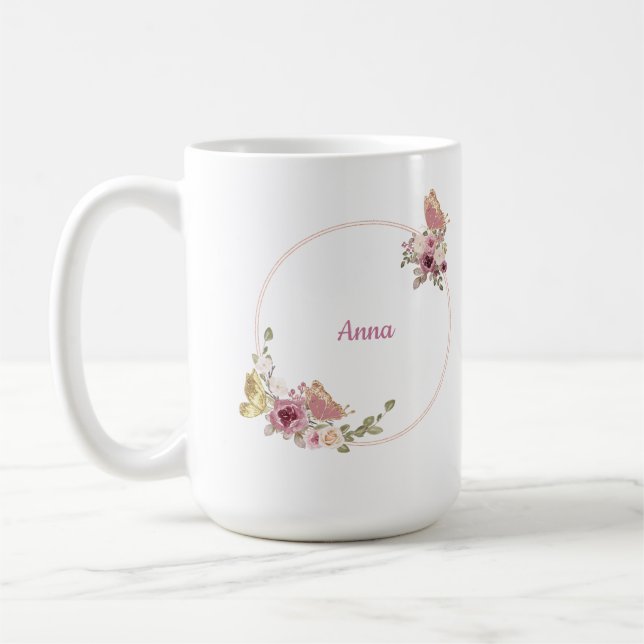 Rose Gold Butterfly Floral Latte Mug – Custom Name Kaffeetasse (Links)
