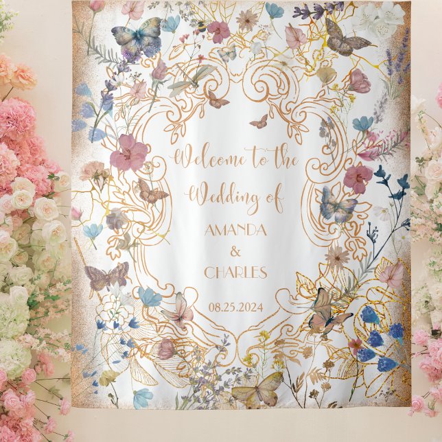 Rose Gold Butterfly Garden Wedding Wandteppich (Von Creator hochgeladen)