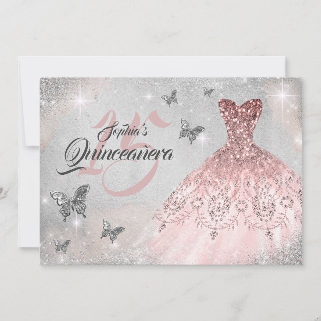 Rose Gold Butterfly Sparkleider Quinceanera Einladung (Vorderseite)