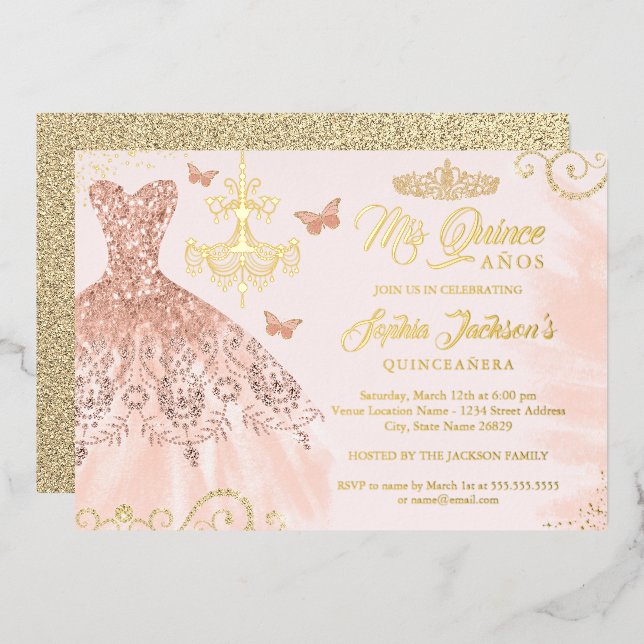 Rose Gold Butterfly Tiara Kleid Quinceanera Folieneinladung (Vorderseite/Rückseite)