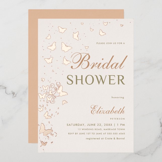 Rose Gold Butterfly Wirbel Elegantes Brautparty Folieneinladung (Vorderseite/Rückseite)