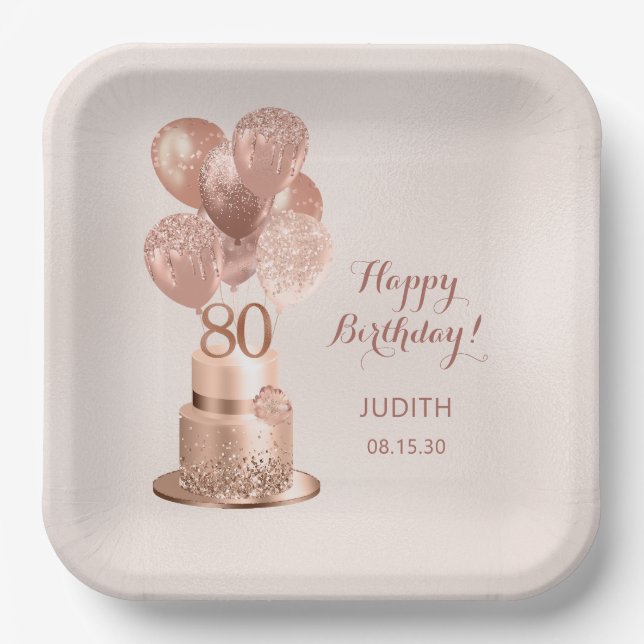 Rose Gold Cake Paper Plate 80. Geburtstag Pappteller (Vorderseite)