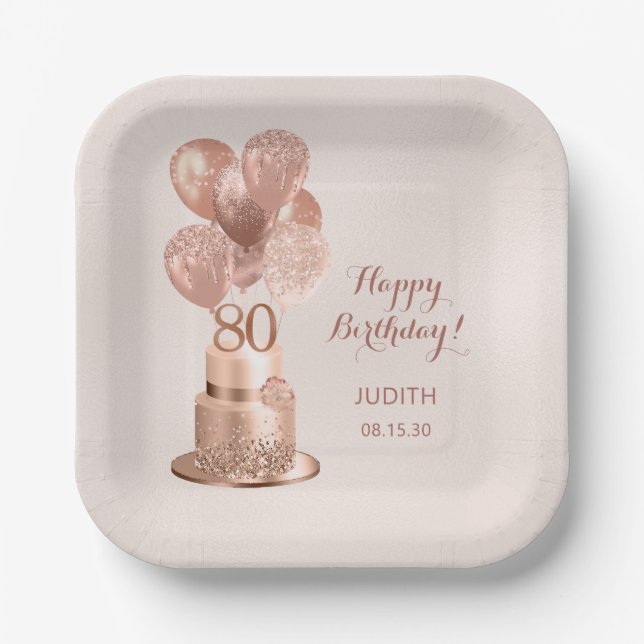 Rose Gold Cake Paper Plate 80. Geburtstag Pappteller (Vorderseite)