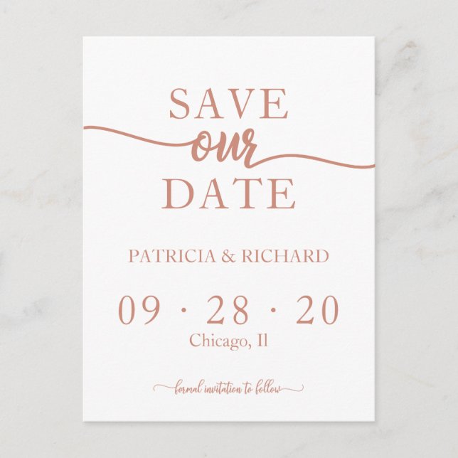 Rose Gold Calligrafy Wedding Save the Date Postkarte (Vorderseite)
