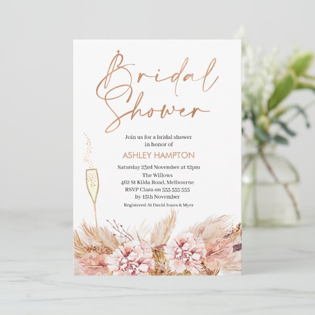 Rose Gold Calligraphy Boho Pampas Brautparty I Einladung (Stehend Vorderseite)