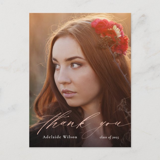 Rose Gold Calligraphy Foto Abschluss Vielen Dank Postkarte (Vorderseite)