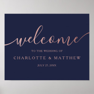 Rose Gold Calligraphy Navy Begrüßungspapier Poster