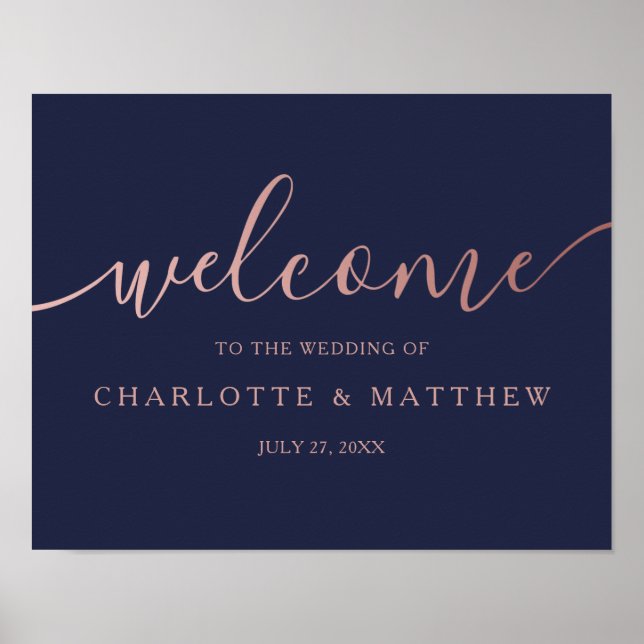 Rose Gold Calligraphy Navy Begrüßungspapier Poster (Vorne)