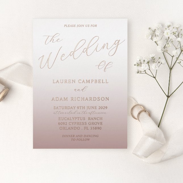 Rose Gold Calligraphy & Ombre Wedding Folieneinladung (Von Creator hochgeladen)