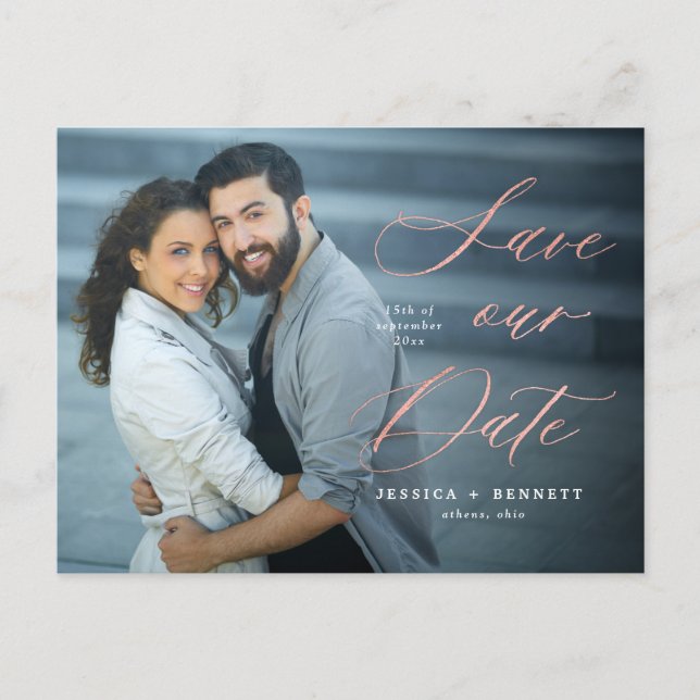 Rose Gold Calligraphy Script Foto Save the Date Postkarte (Vorderseite)