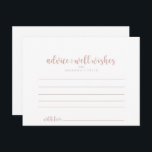 Rose Gold Calligraphy Wedding Advice Card Postkarte<br><div class="desc">Diese Rose Goldkalligrafie Hochzeitsratenkarte ist ideal für eine moderne Hochzeit. Das schlichte und elegante Design besticht durch klassische und extravagante Schrift-Typografie in Rose Gold und Weiß. Diese Karten sind ideal für Hochzeiten, Brautparty, Babydusche, Graduiertenparty u.v.m. Personalisieren Sie die Karten mit den Namen der Braut und Bräutigam, den Eltern, die Sie...</div>