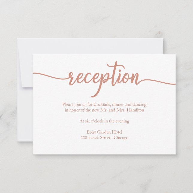 Rose Gold Calligraphy Wedding Reception Card RSVP Karte (Vorderseite)