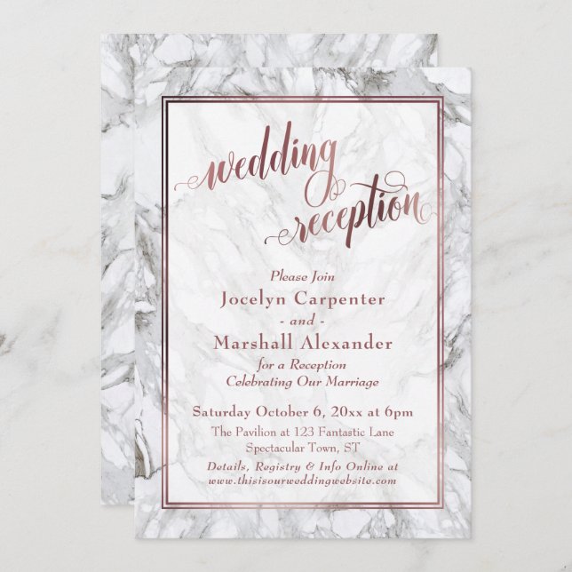 Rose Gold Calligraphy Wedding Reception Marmor Einladung (Vorne/Hinten)