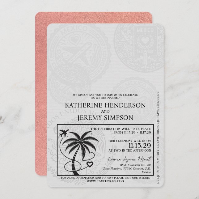 Rose Gold Cancun Passport Hochzeit Einladung (Vorne/Hinten)