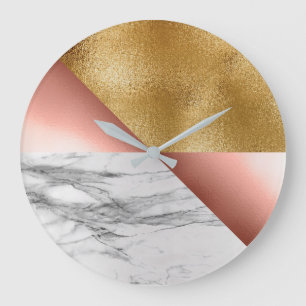 Rose Gold Carrara Marble Gray Geometry Metallic Große Wanduhr