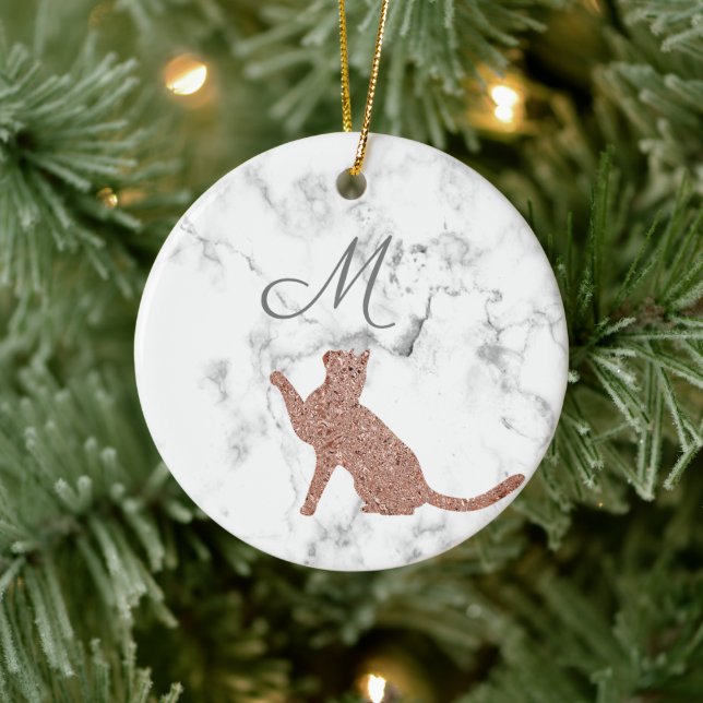 Rose Gold Cat Silhouette - Ihr Monogramm  Keramik Ornament (Baum)