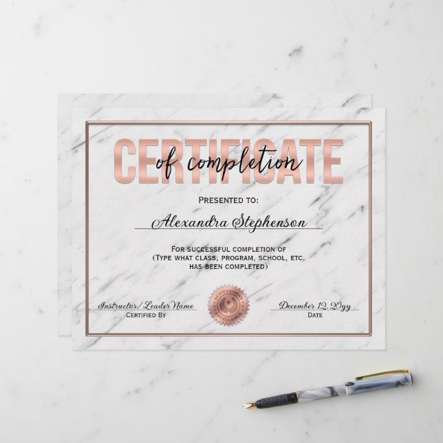 Rose Gold Certificate of Completion Course Award (Vorderseite/Rückseite Beispiel)
