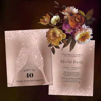 Rose Gold Champagne 40. Geburtstag Einladung