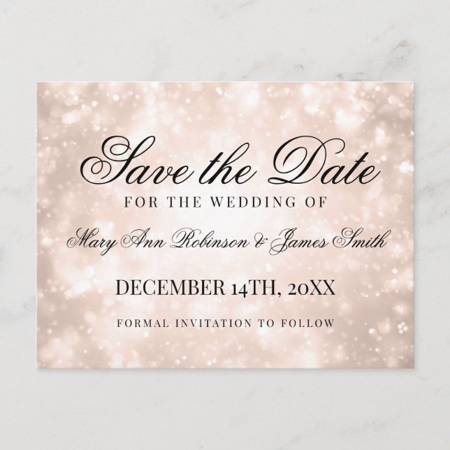 Rose Gold Champagne Bokeh Elegant Save the Date Ankündigungspostkarte (Vorderseite)