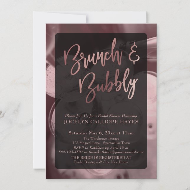 Rose Gold Champagne Brunch & Bubbly Handschrift Einladung (Vorderseite)