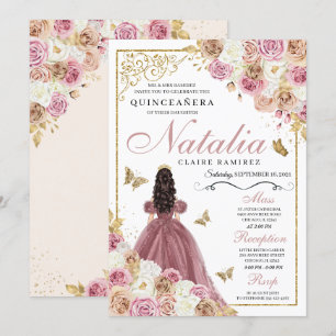 Rose Gold Champagne Butterfly Princess Quinceanera Einladung