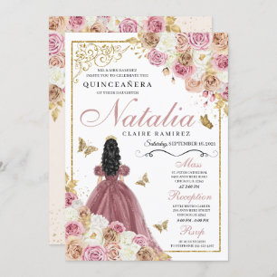 Rose Gold Champagne Butterfly Princess Quinceanera Einladung