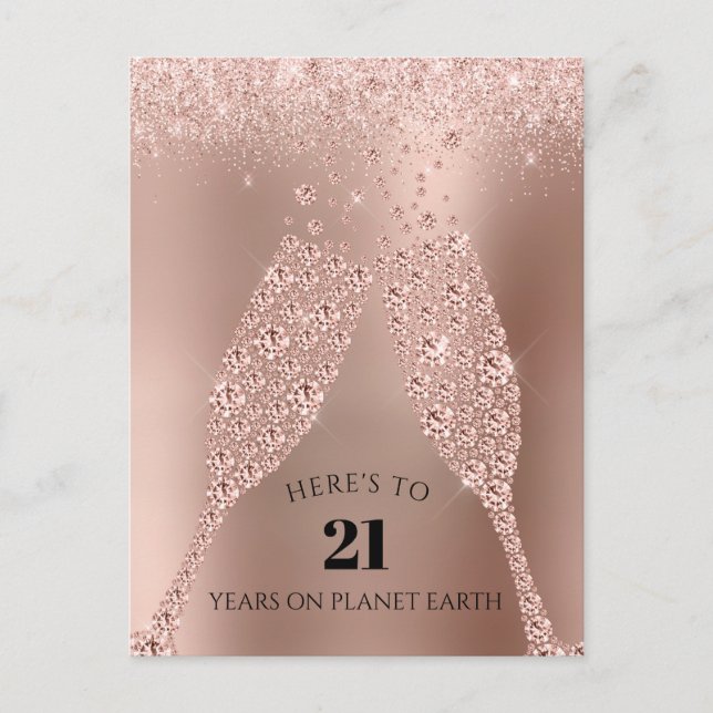 Rose Gold Champagne Toast 21. Geburtstag Postkarte (Vorderseite)