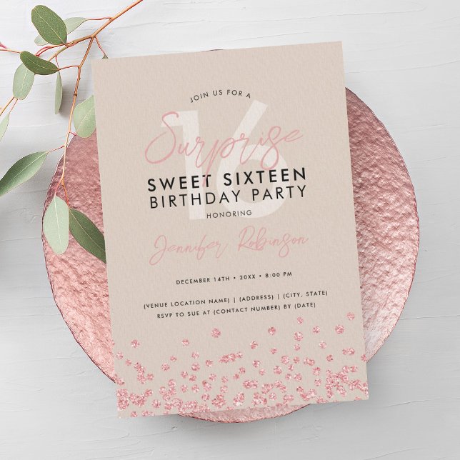 Rose Gold Champagner Glitzer Überraschung Sweet 16 Einladung (Rose Gold Champagne Glitter Surprise Sweet 16 Invitation)