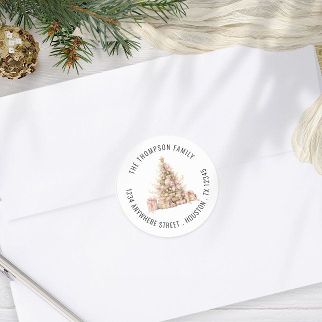 Rose Gold Christmas Tree Rückgabeadresse Runder Aufkleber (Von Creator hochgeladen)