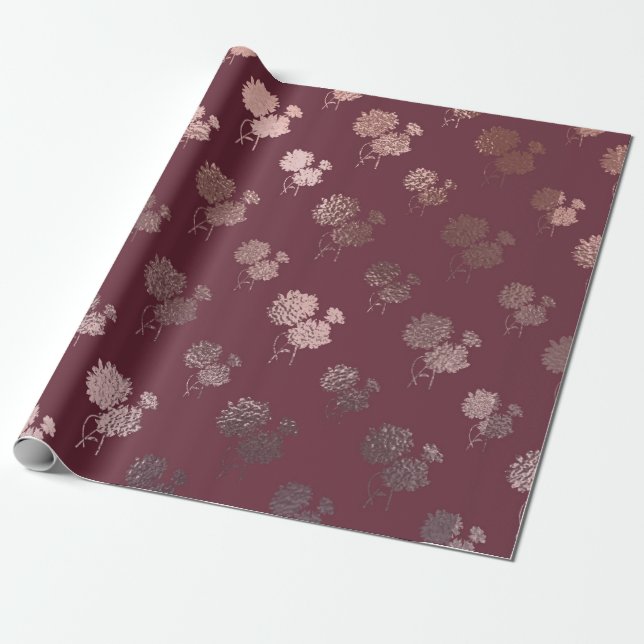 Rose Gold Chrysanthemum Muster auf Burgund Geschenkpapier (Ungerollt)