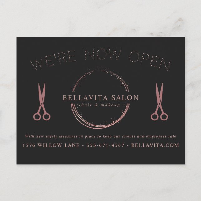 Rose Gold Circle Salon Logo Wir sind Open Covid Postkarte (Vorderseite)