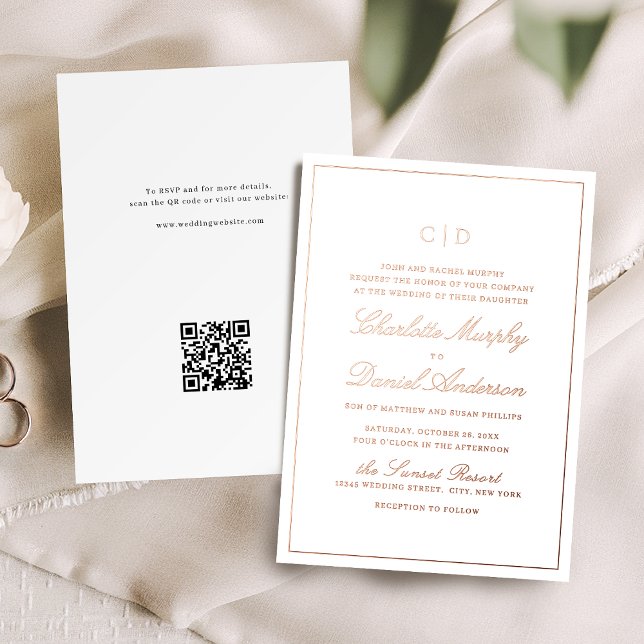 Rose Gold Classic Elegance Script Monogram Wedding Folieneinladung (Rose Gold Classic Elegance Script Monogram Wedding Foil Invitation)