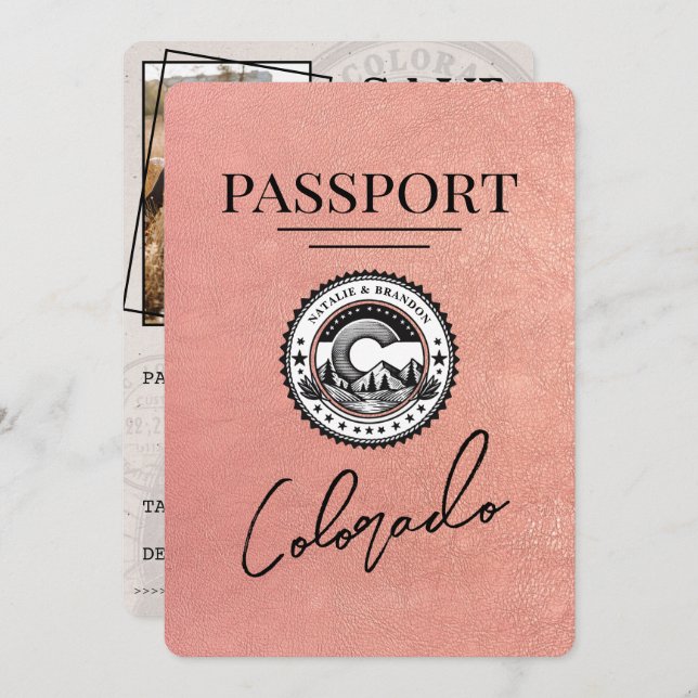 Rose Gold Colorado Passport Save the Date (Vorne/Hinten)